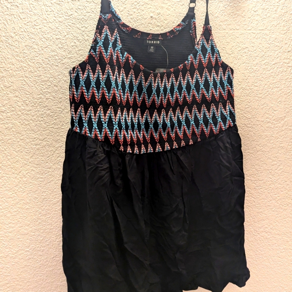 Black Challis & Colorful Zigzag Smocked Babydoll Cami